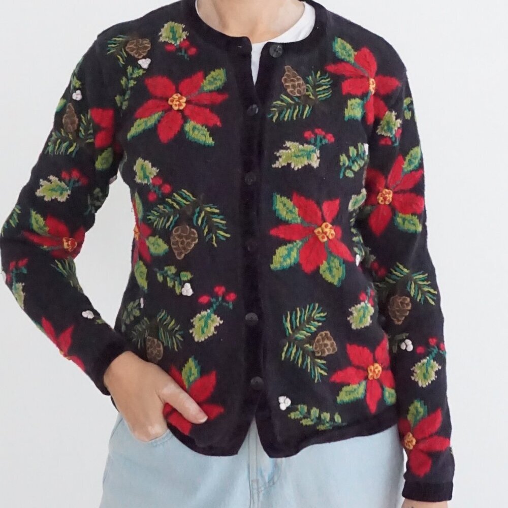 Vintage Northern Isles Black Poinsettia Pinecone Button Knit Cardigan Sweater M